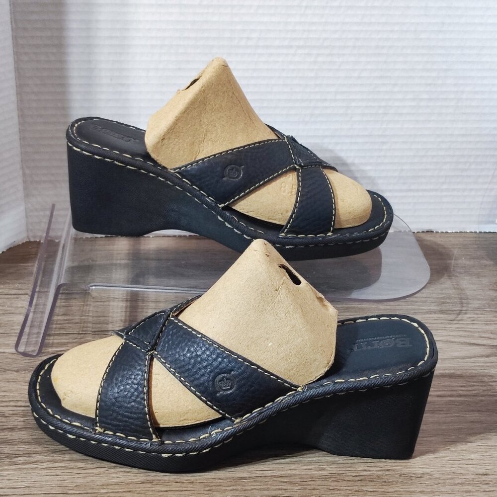 Born Leather Sandals Size 9 Slip On Block Heeled Comfort Dressy Slides Shoes